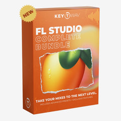 Packaging for 'The FL Studio COMPLETE Bundle' featuring an orange and yellow box with an image of an orange and a logo, indicating it includes advanced audio features for FL Studio.